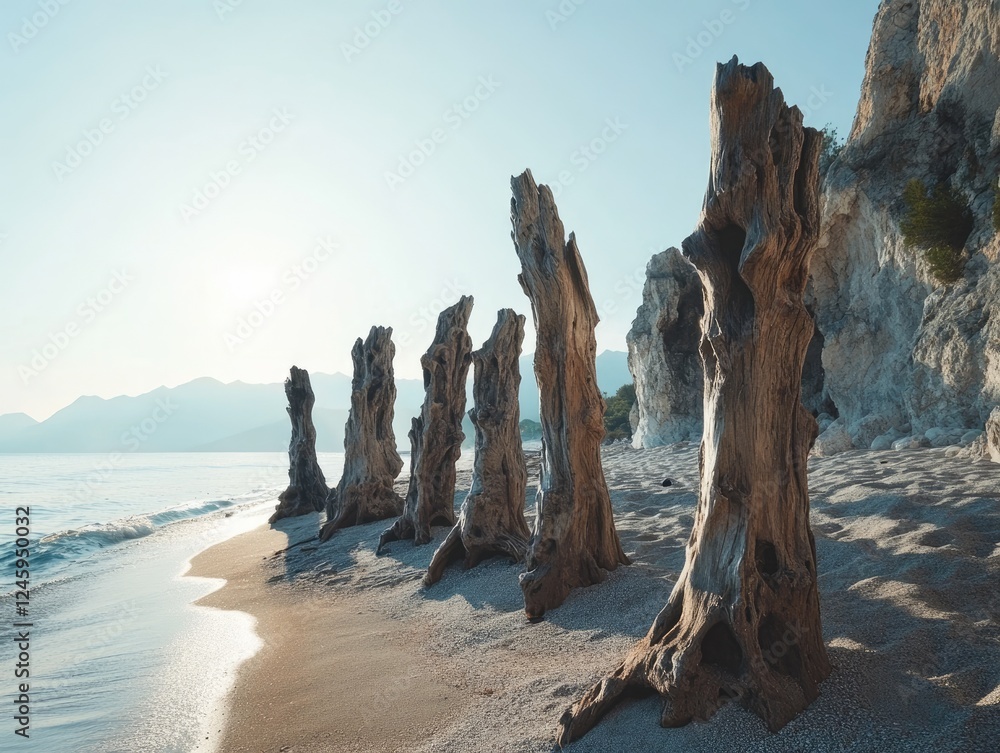 Seashore guardians weathered wood sentinels stand on the shore against a serene mountain backdrop Seashore guardians weathered wood sentinels stand on the shore against a serene mountain backdrop