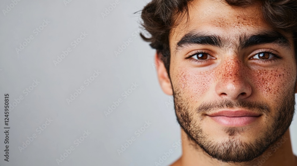 Close up portrait of young man with natural acne imperfections showcasing clear skin and neutral background for text placement Close up portrait of young man with natural acne imperfections showcasing clear skin and neutral background for text placement