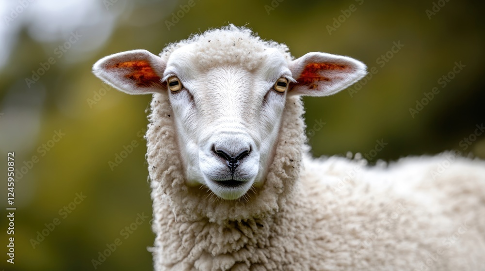 Fototapeta premium Content sheep grazing peacefully on a mountain slope with fluffy white wool and natural green background offering space for text overlay.