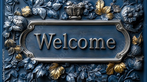 An ornate welcome sign featuring intricate floral designs in blue and gold tones, symbolizing hospitality and warmth photo