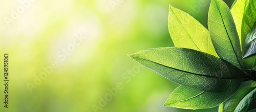 Closeup of vibrant green leaves with blurred greenery background for nature-themed designs and ecological concepts in refreshing environments