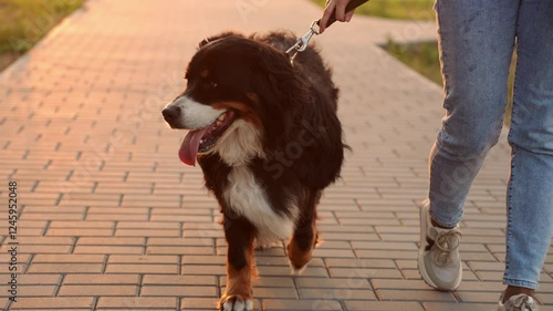 Professional dog walker, dog sitter walking Bernese mountain dog on leash along sidewalk at sunset on sunny day. Dog walking, pet care concept. Walking outside with large pet, pet with owner on walk