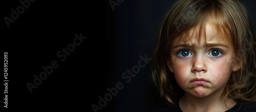 Closeup portrait of a melancholic young girl expressing sadness with a dark background and space for text or captions. photo