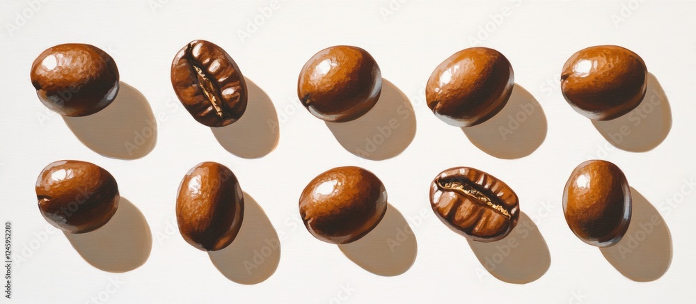 Fototapeta premium Premium roasted coffee beans arranged on a white background showcasing texture and shadow for a coffee-themed design.