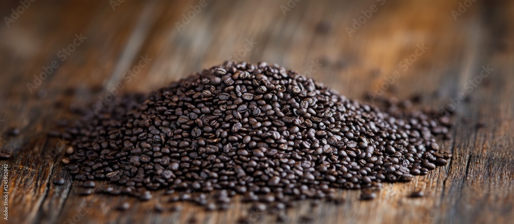Coffee granules piled on rustic wooden surface showcasing rich texture and color ideal for beverage or culinary themed designs. Coffee granules piled on rustic wooden surface showcasing rich texture and color ideal for beverage or culinary themed designs.