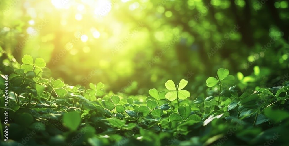 Lush green clover leaves growing in the forest, St. Patrick's Day celebration or spring season concept. nature and a forest Lush green clover leaves growing in the forest, St. Patrick's Day celebration or spring season concept. nature and a forest