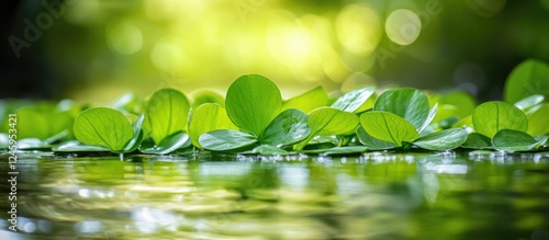 Aquatic plant close-up of Pistia stratiotes showcasing vibrant green water lettuce leaves on a serene water surface. photo