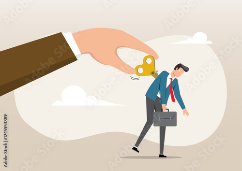 A manager's big hand turning the wind up key or winder clockwork to motivate a businessman office worker