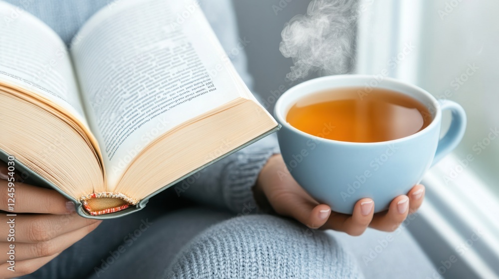 A woman reading a book by the window with a steaming cup of tea, soft morning light A woman reading a book by the window with a steaming cup of tea, soft morning light