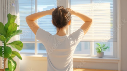 A woman stretching in her living room, morning sunlight streaming through the windows, fresh Free Download A woman stretching in her living room, morning sunlight streaming through the windows, fresh - GFXLoad