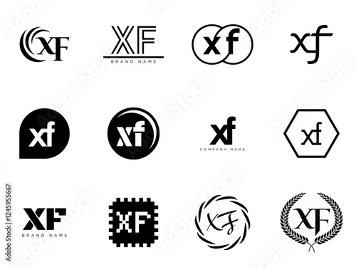 XF logo company template. Letter x and f logotype. Set different classic serif lettering and modern bold text with design elements. Initial font typography.