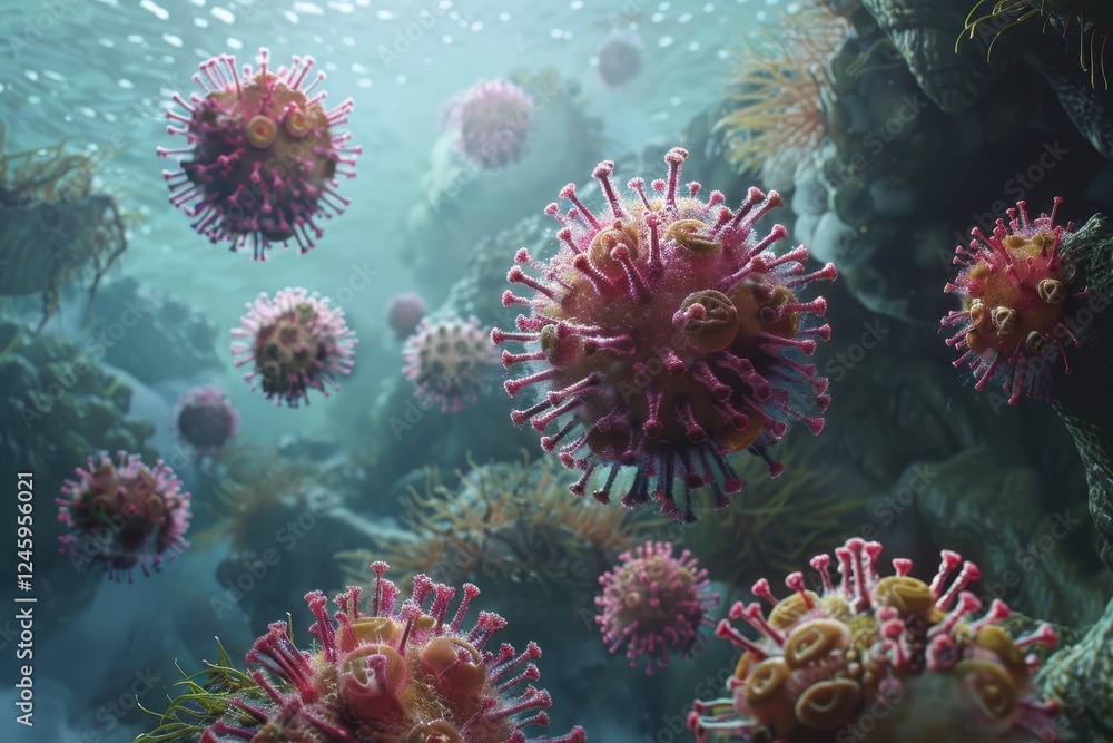 Microorganisms in a digital visualization show intricate structures and dynamic interactions among virus particles in a microscopic environment Microorganisms in a digital visualization show intricate structures and dynamic interactions among virus particles in a microscopic environment