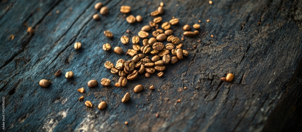 Coffee beans scattered on rustic dark wood texture creating a warm and inviting atmosphere for coffee lovers and culinary enthusiasts. Coffee beans scattered on rustic dark wood texture creating a warm and inviting atmosphere for coffee lovers and culinary enthusiasts.