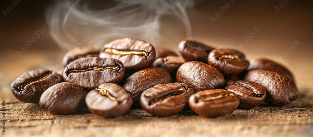 Freshly roasted coffee beans emitting aromatic steam on rustic wooden background Freshly roasted coffee beans emitting aromatic steam on rustic wooden background