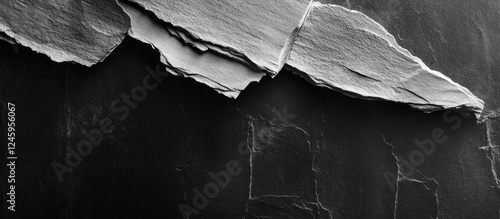 Closeup of an open book displaying torn pages with contrasting black and white textures creating an artistic visual effect photo