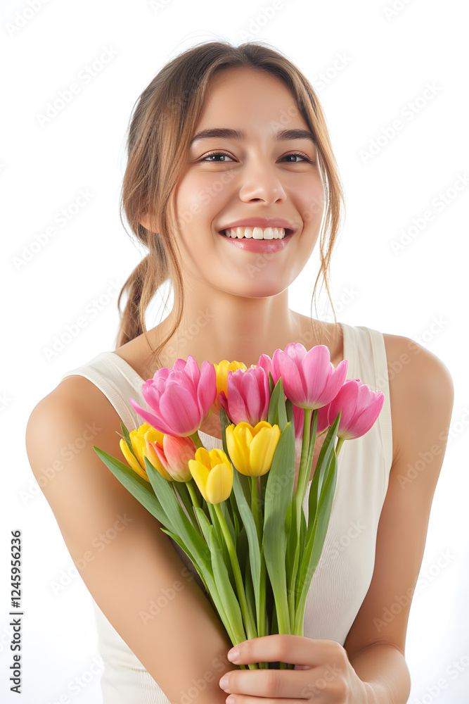 A woman holding a bouquet of spring flowers, smiling brightly., isolated on white background A woman holding a bouquet of spring flowers, smiling brightly., isolated on white background