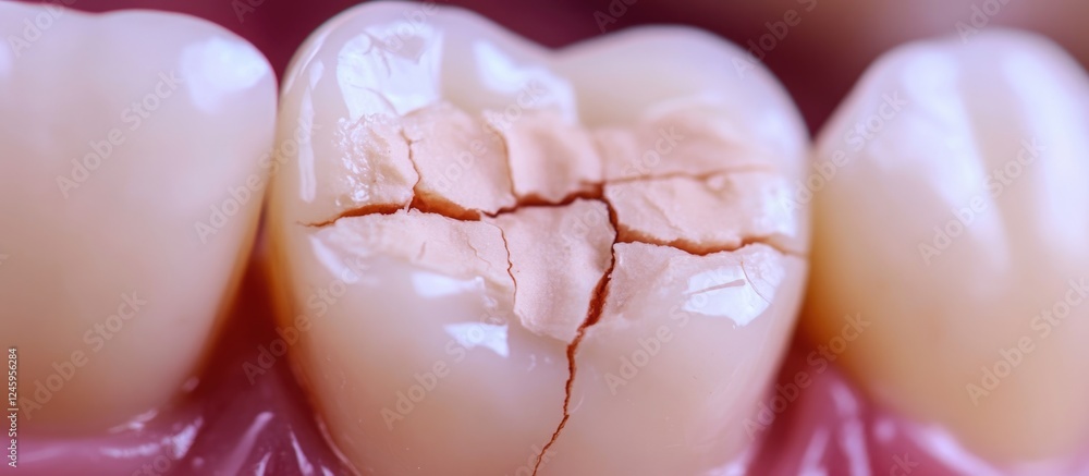 Fototapeta premium Macro view of cracked teeth highlighting poor dental health and treatment options with space for informative text or captions