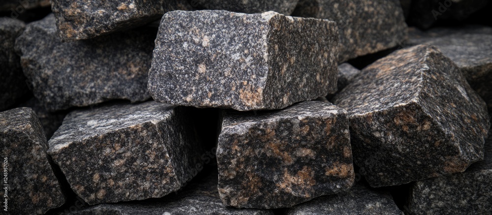 Granite stones piled together showcasing texture and color variations with blank area for customizable text or design elements.