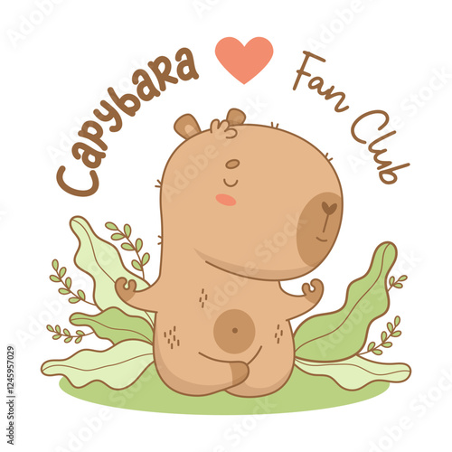 Cute Capybara meditates in nature. Funny calm athlete kawaii animal yogi. Mascot emblem fan club capibara. Vector illustration. Kids collection