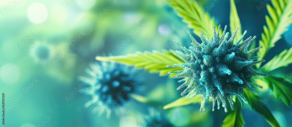 Close-up of Cannabis indica leaf with focus on molecular structures representing coronavirus highlighting healthcare and science concepts Close-up of Cannabis indica leaf with focus on molecular structures representing coronavirus highlighting healthcare and science concepts