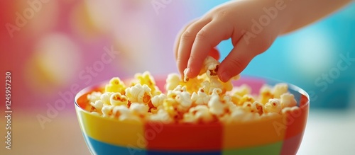 Child's hand reaching for salted popcorn in a colorful bowl with a blurred vibrant background, capturing a playful snack time moment. photo