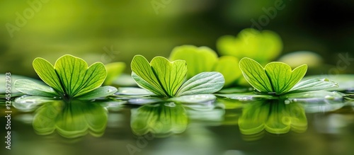 Close up view of lush green aquatic plant pistia stratiotes known as water lettuce with reflective surface and soft natural lighting photo