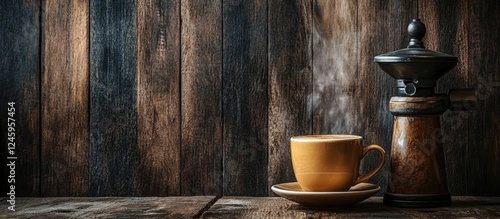 Rustic coffee scene featuring a steaming cup and vintage coffee mill on a wooden textured background ideal for coffee-related themes and concepts photo