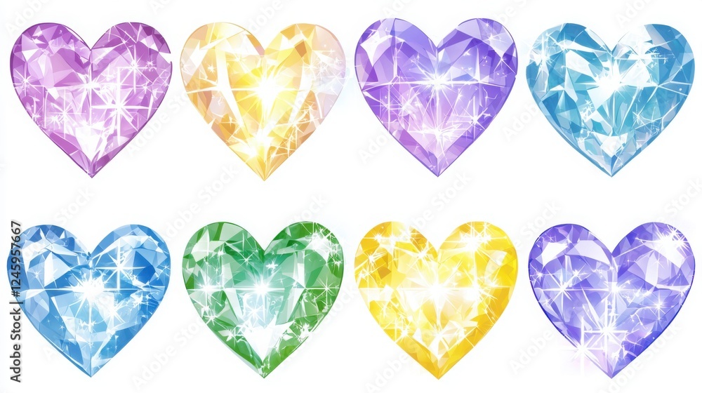 Rainbow Heart Gems: Eight vibrant,faceted heart-shaped gems in a spectrum of colors—purple, yellow, light blue, dark blue, light blue, green, gold, and lavender—displaying dazzling light reflections. Rainbow Heart Gems: Eight vibrant,faceted heart-shaped gems in a spectrum of colors—purple, yellow, light blue, dark blue, light blue, green, gold, and lavender—displaying dazzling light reflections.