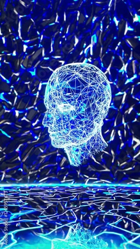 A glowing digital human head emerging from an illuminated futuristic wall.