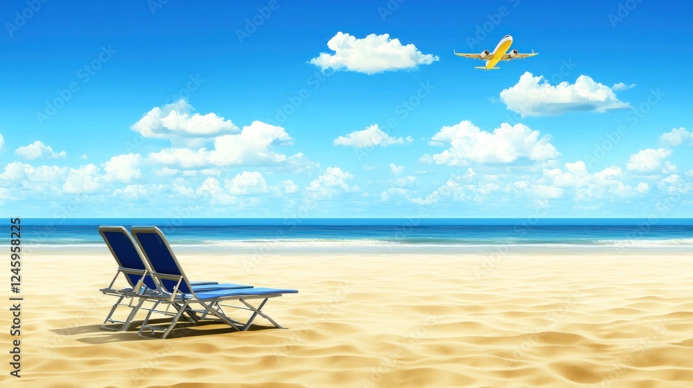 Beach chairs, sunny sky, airplane overhead, travel vacation Beach chairs, sunny sky, airplane overhead, travel vacation