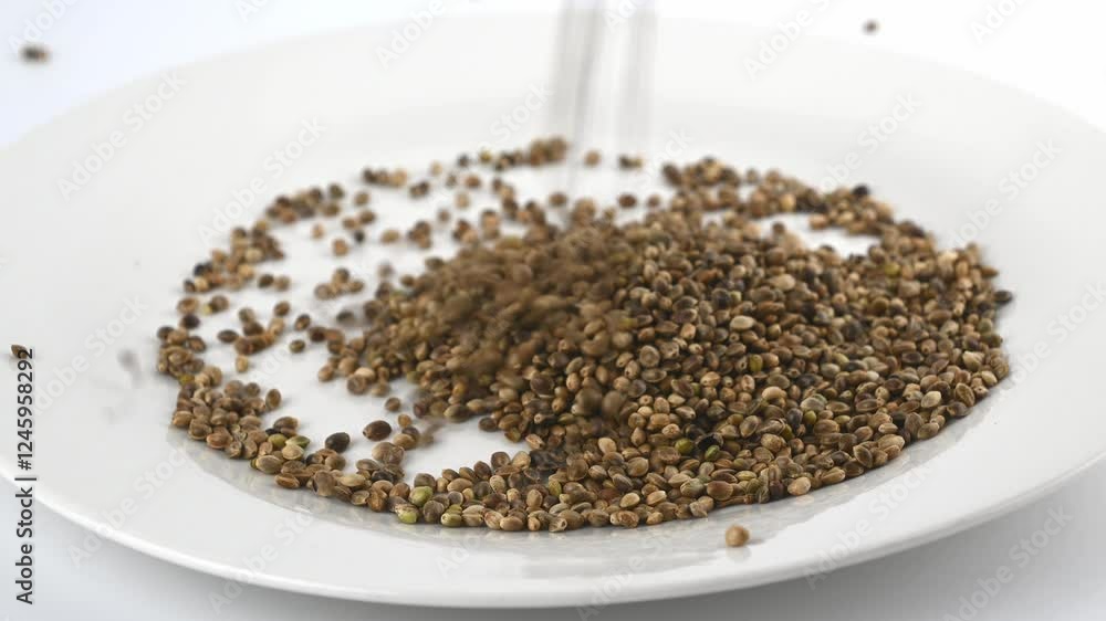 Hemp seeds, close-up. Source of protein and amino acids. Healthy eating. Vegan food. Hemp seeds, close-up. Source of protein and amino acids. Healthy eating. Vegan food.