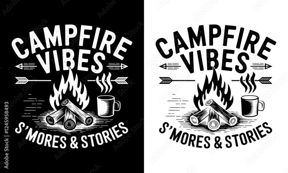 Obraz premium Campfire Vibes T-Shirt Design - Celebrate S'mores & Stories with Cozy Graphics, Perfect for Outdoor Lovers and Adventurers Who Cherish the Warmth of Campfire Memories