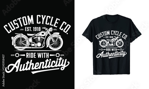 Custom Cycle Co. T-Shirt Design - Ride with Authenticity Since 1918 Featuring Classic Motorcycle Graphics, Perfect for Bike Enthusiasts and Those Who Celebrate Unique Riding Culture
