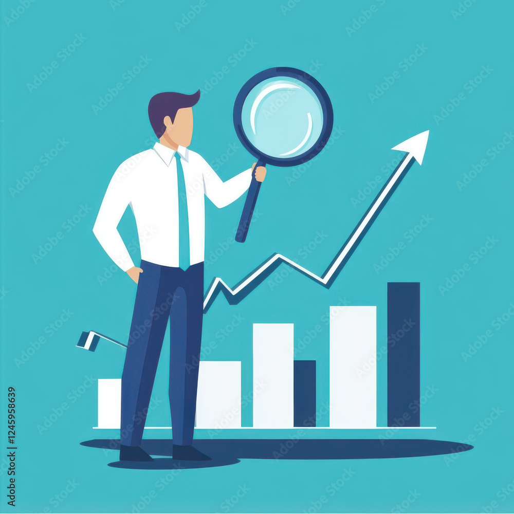 businessman analyzing growth trends with magnifying glass, showcasing data visualization and upward movement in graphs businessman analyzing growth trends with magnifying glass, showcasing data visualization and upward movement in graphs
