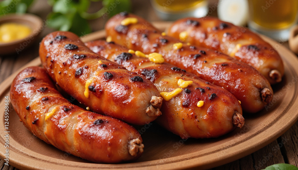 Juicy grilled sausages served with mustard, Oktoberfest celebration Juicy grilled sausages served with mustard, Oktoberfest celebration