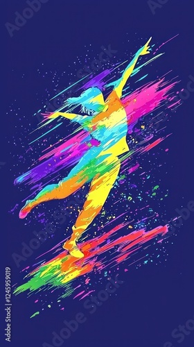 Colorful dancer leaps, vibrant background, action shot, design element