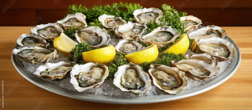 Seafood oysters served on ice with lemon wedges and fresh greenery ideal for culinary presentations or promotional materials Seafood oysters served on ice with lemon wedges and fresh greenery ideal for culinary presentations or promotional materials