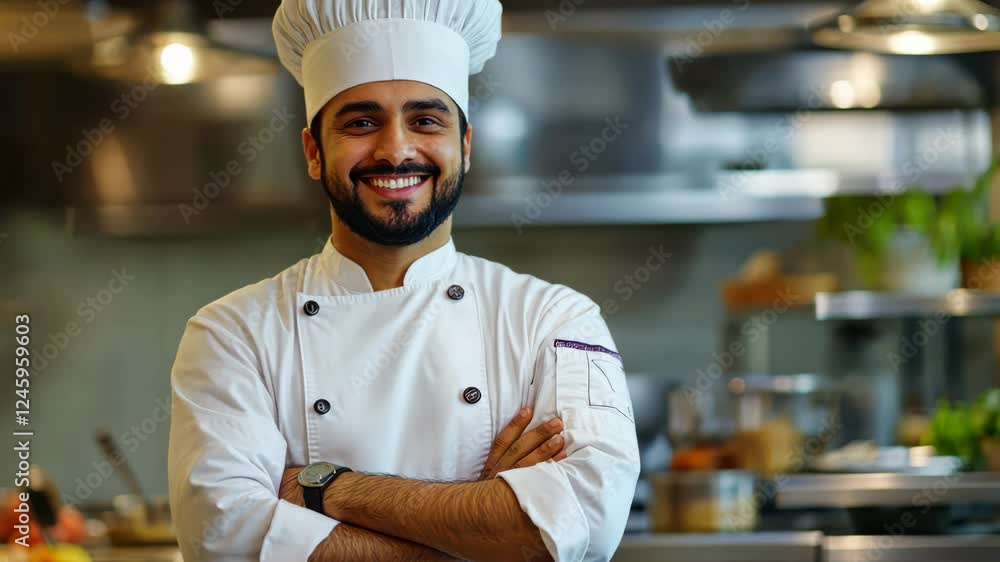 Confident chef smiling in gourmet kitchen scene with fresh ingredients Confident chef smiling in gourmet kitchen scene with fresh ingredients