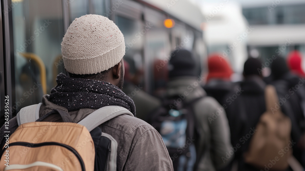 Migrants Boarding Bus with Assistance from Volunteers Migrants Boarding Bus with Assistance from Volunteers