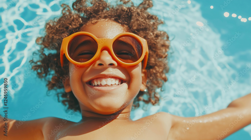 Naklejka premium Happy Child with Orange Glasses Enjoying a Pool Day, Joyful Summer Vibe