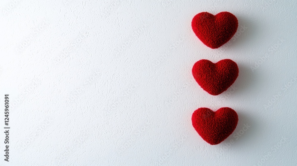 Fototapeta premium Three Red Hearts: A minimalist arrangement of three vibrant red hearts against a neutral background. This image is perfect for showcasing love, affection.