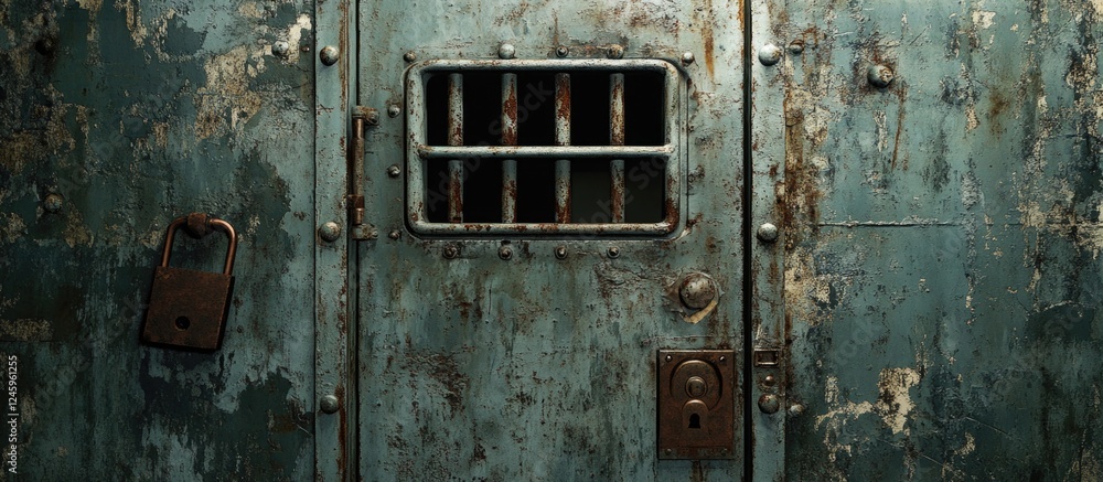 Rustic and weathered old prison door with barred window and heavy locks showcasing historical architectural details Rustic and weathered old prison door with barred window and heavy locks showcasing historical architectural details