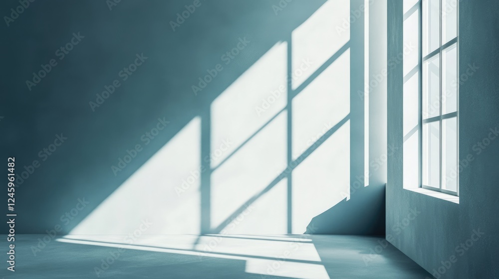 Fototapeta premium Modern office interior mockup with large windows casting shadows, ideal for displaying design concepts and text.