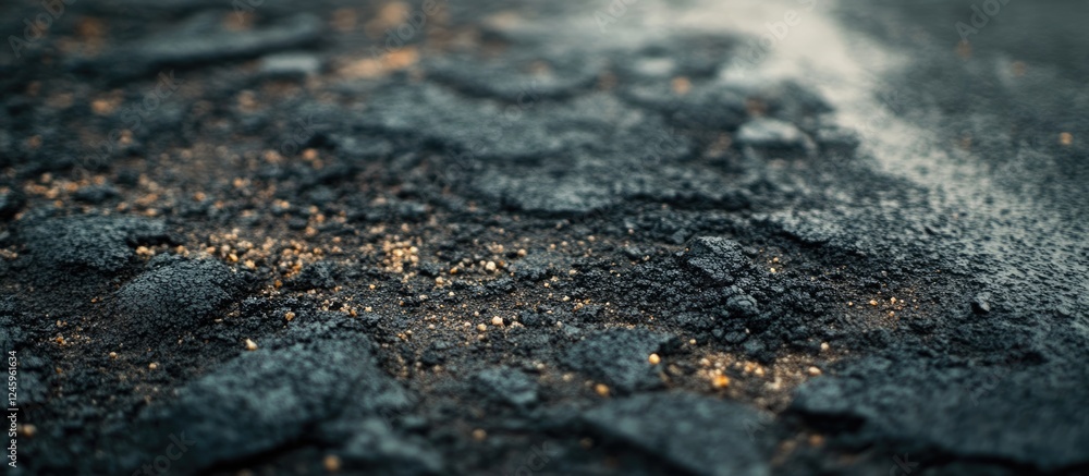 Detailed view of a damaged asphalt road surface showing crushed stone and texture in urban infrastructure restoration. Detailed view of a damaged asphalt road surface showing crushed stone and texture in urban infrastructure restoration.