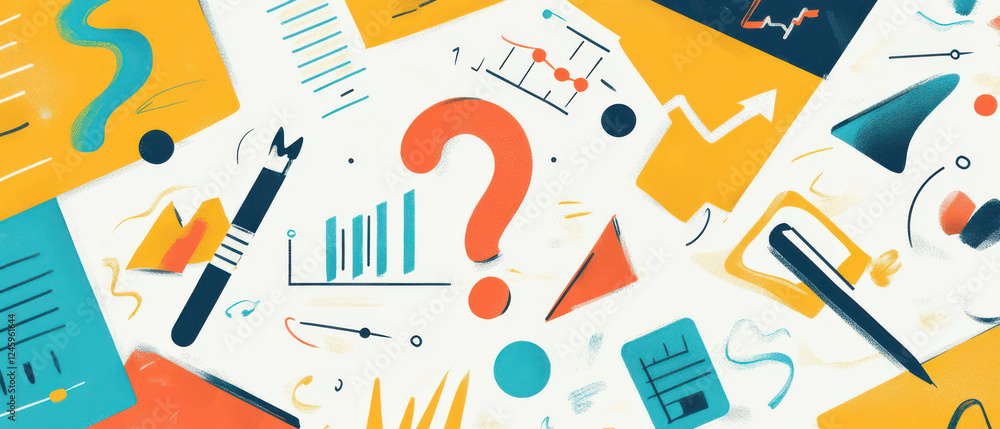 Creative financial growth graphics with question marks and charts evoke curiosity and analysis. This vibrant composition features various shapes and colors, symbolizing data exploration and Creative financial growth graphics with question marks and charts evoke curiosity and analysis. This vibrant composition features various shapes and colors, symbolizing data exploration and