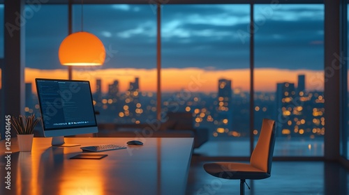 Night city view from modern office desk; programmer coding; sunset background; website design