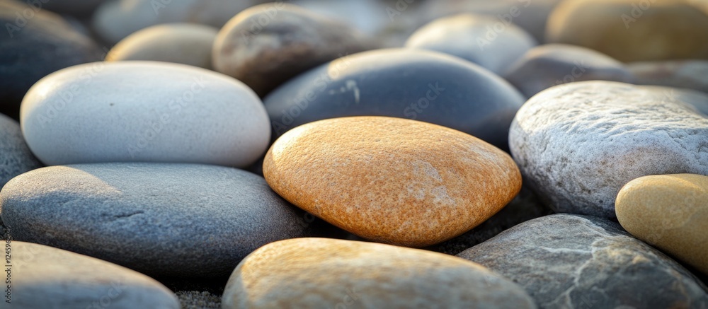 Detailed surface textures of pebbles illuminated by natural sunlight with a soft focus background creating a peaceful ambiance. Detailed surface textures of pebbles illuminated by natural sunlight with a soft focus background creating a peaceful ambiance.