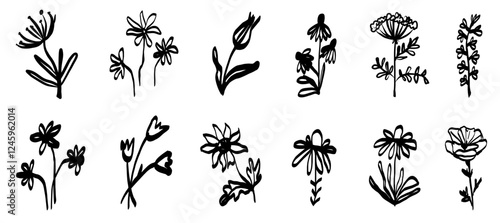 Ink marker gouache flowers hand drawn sketches botanical illustrations. Dry brush stroke simple minimalistic floral doodles isolated on white for cosmetics, kid education