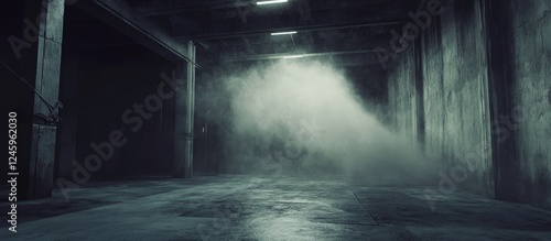 Mysterious concrete floor with fog creating an eerie atmosphere for Halloween themed backgrounds and spooky imagery