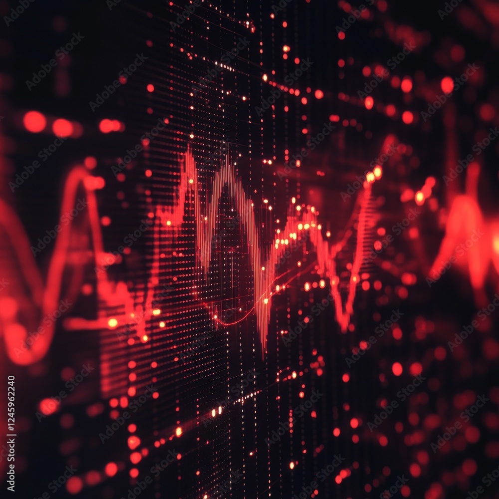 Red and black digital waveforms pulsing in a dark background with neon light effects and zen papaya design Red and black digital waveforms pulsing in a dark background with neon light effects and zen papaya design
